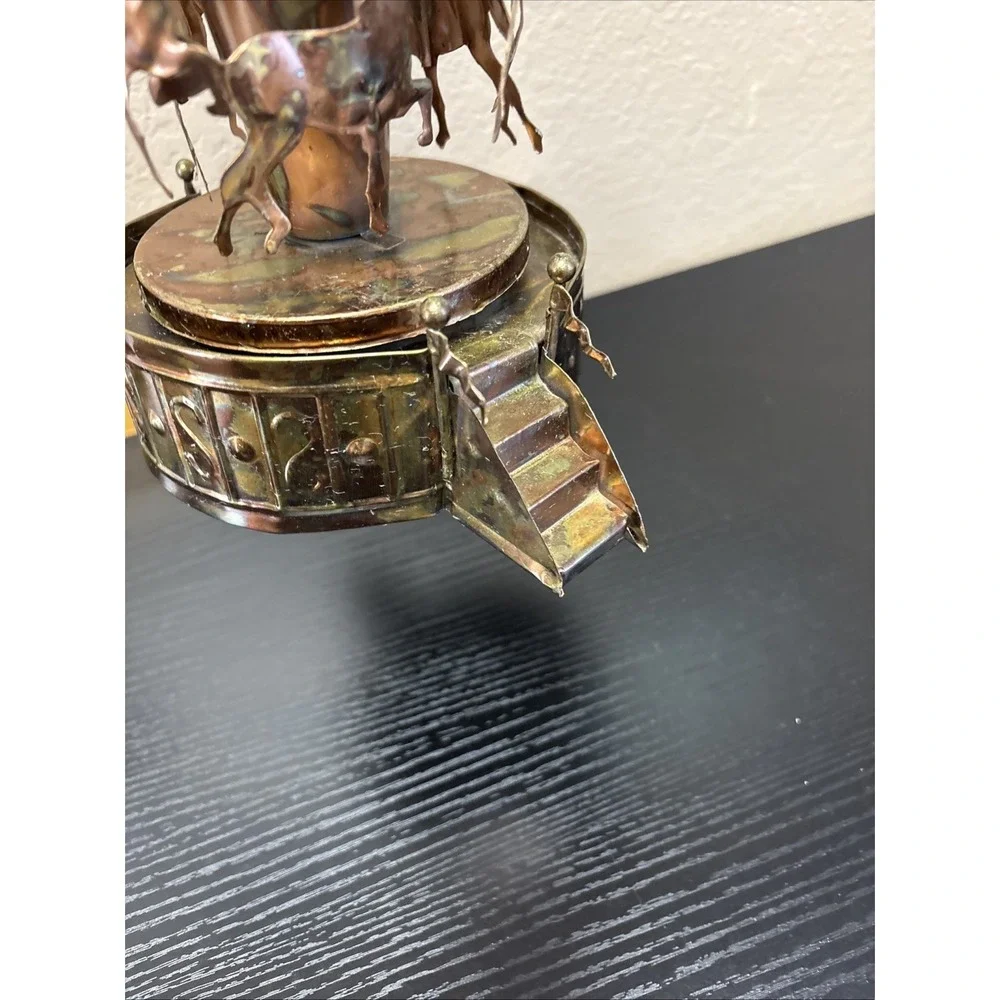 Vintage Copper Wind-Up Musical Carousel Horses 1960s MCM Works